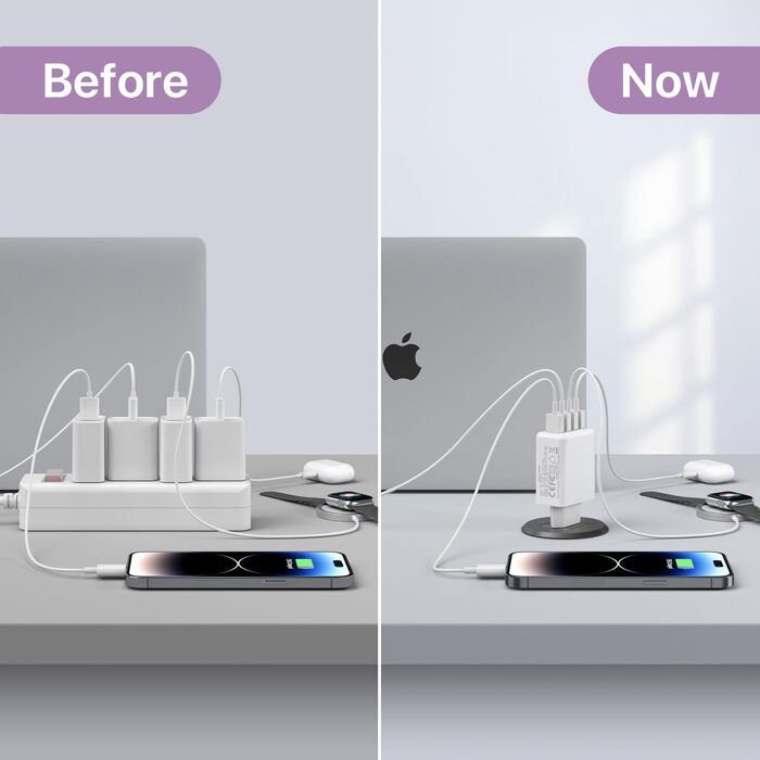 Зарядний пристрій USB-C 65W з кабелем, GaN 4-портовий швидкий заряд для MacBook, iPad, iPhone 15/16 Pro Max, Galaxy S23/S24 (2м USB-C - USB-C, білий)