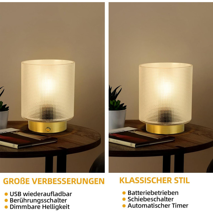 Бездротова настільна лампа з таймером, вінтажний дизайн, LED, скло, для дому та вулиці, диммування, сірий колір, розмір L