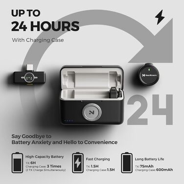 NearStream Бездротовий петличний мікрофон для iPhone/Android, AWM25T, Lightning/USB-C, шумозаглушення, 24 години роботи, для стрімінгу, влогів, подкастів