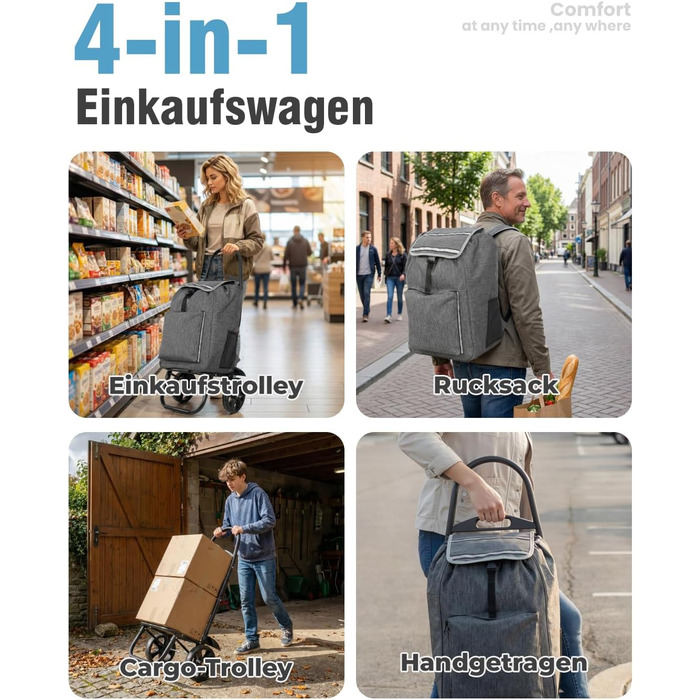 Складаний візок для покупок Homecall 50L з охолодженням, 3-в-1: візок, сумка-тележка, рюкзак (темно-сірий)