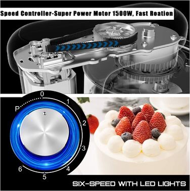 Кухонна машина Howork Knetmaschine: потужна 1500W, 8L, нахильна чаша, 6 швидкостей, міксер, гак для тіста, сплітштор, чорний