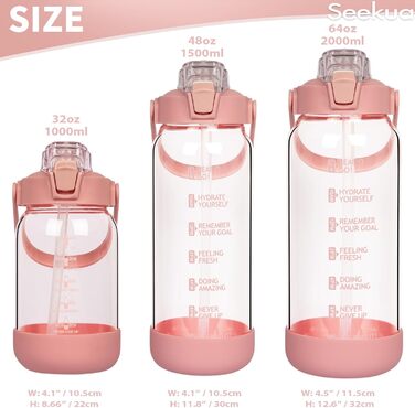 2l Glass Bottle | Drinking Bottle Glass with Straw & Time Marking, Leak-Proof 2 Liter Large Glass Water Bottle for Smoothies, Carbonated Drinks Suitable, Dishwasher Safe (Pink, 1000 ml)