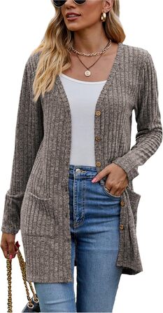 Кардиган жіночий з довгим рукавом Famulily, відкритий ззаду, V-подібний виріз, легкий, з кишенями (L, Кофе)