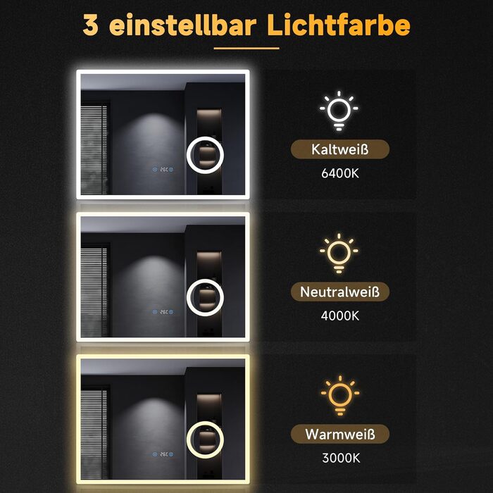 Дзеркало для ванної кімнати SONNI з підсвічуванням 80x60 см, 3 кольори світла, проти запотівання, LED, сенсорна кнопка, годинник, температура, 3-кратне збільшення