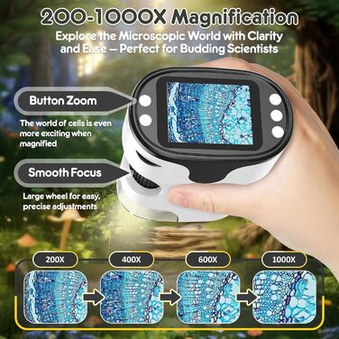 Дитячий цифровий мікроскоп 1000X Handy з 4K екраном 2.0', USB, для дітей 4-12 років, набір для науки, з предметними скельцями