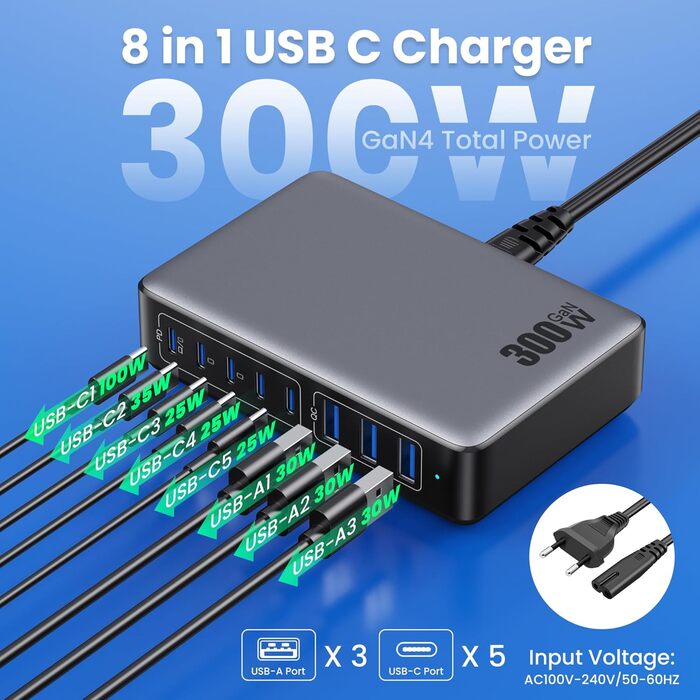 Зарядний пристрій USB C 300W, 8 портів, швидка зарядка 100W PD PPS для ноутбука, MacBook, iPad, iPhone 16/15/14, Samsung – Чорний