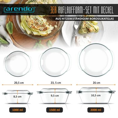 Набір форм для запікання Arendo з кришкою та ручками (3 шт.) – Borosilikatglas – 1000мл, 1500мл, 2000мл – для духовки, мікрохвильовки, BPA-free, скляні контейнери