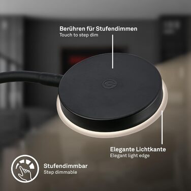 LED лампа BRILONER для столу з сенсорним управлінням, регульована яскравість, поворотна, чорна. Ідеально для дому та офісу, читання. Розміри: 32,5x13x40 см