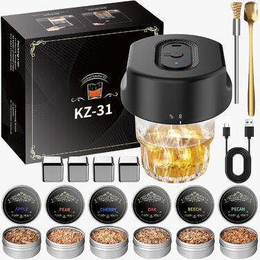 Набір для димування віскі Anusuwa - набір для коктейлів з 6 дерев'яними стружками та 4 камінням для віскі. Ідеальний подарунок для чоловіків на день народження, Різдво, ювілей (без бутану)