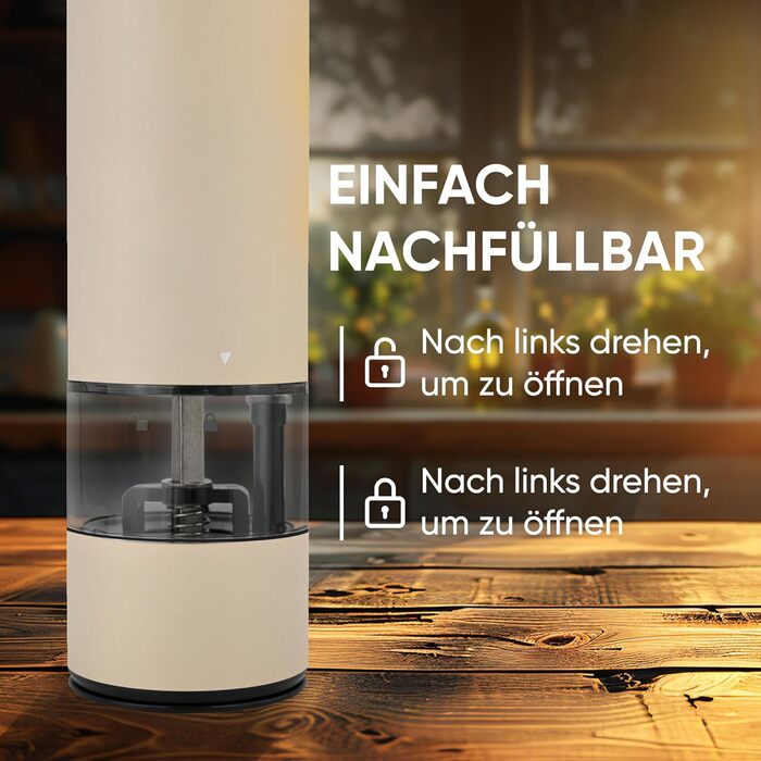 Electric Pepper and Salt Mill Set - 45 ml Beige Edition - USB-C Rechargeable - 6 Adjustable Grind Sizes - Stylish Beige Stainless Steel Design with LED Lamp