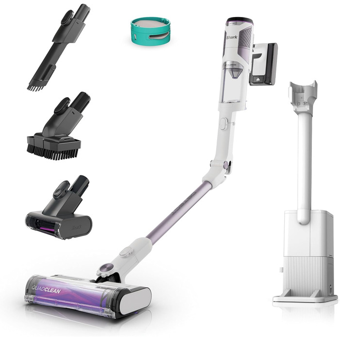 Пылесос Shark Clean & Empty: аккумуляторный, с базой самоочистки, до 40 мин работы, беспроводной, для шерсти животных, ковров и твердых полов, с LED-подсветкой, тихий, белый/синий, BU3521EU