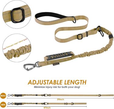 Тактична повідок для собак AUBELL, міцна, світловідбиваюча, без натягу, з амортизатором, для середніх та великих собак, з зручним двошаровим ручним захопленням, автомобільний ремінь безпеки, обертання на 360°, зелений (4-6 футів, коричневий)