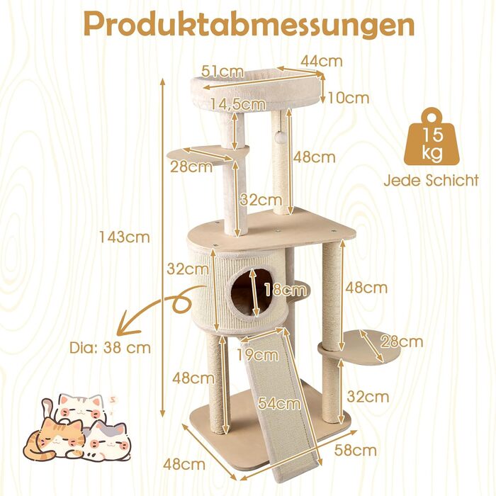 Дерев'яний кігтеточка для котів Costway 151 см з будиночком, гамаком та сизалевими стовпчиками