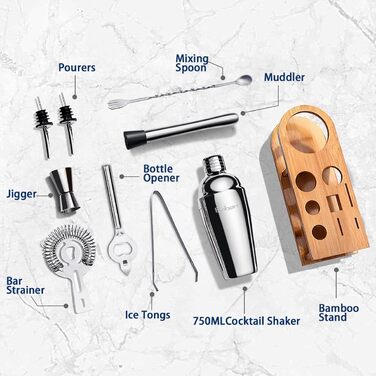 Набір для коктейлів Baban Edelstahl, 10 предметів: шейкер, підставка з бамбука, мірний стакан, барна ложка, 750 мл. Подарунок для дому або бару