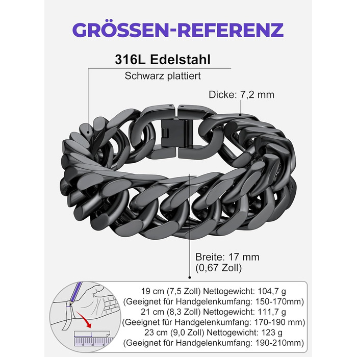 Чоловічий браслет Richsteel з нержавіючої сталі, срібно-золотий/чорний, 17 мм, 19 см, кубинський ланцюг, подарункова коробка
