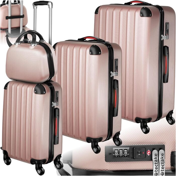 Набір валіз Tectake 4 шт. з відстібними колесами 360°, валізи з жорсткою оболонкою та TSA замком, велика валіза з роздільником, ручна валіза, телескопічна ручка - шампань (рожеве золото)