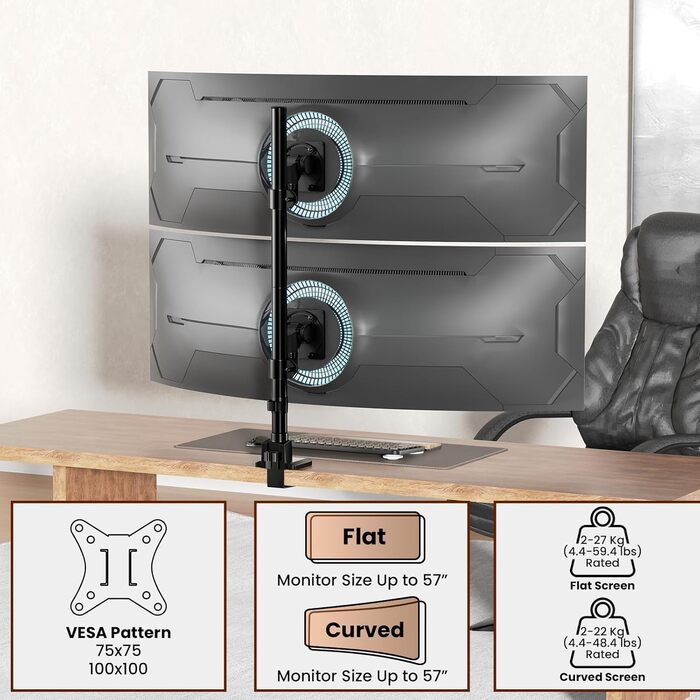 Кріплення для монітора 2 монітори один над одним, 24-57 дюймів, для плоских та вигнутих екранів, вантажопідйомність 2-27 кг, чорний