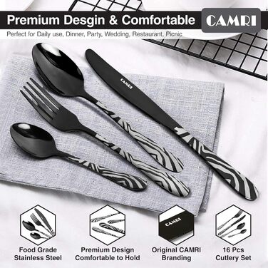 Набір столових приборів CAMRI – 16 предметів, нержавіюча сталь, набір для 4 осіб, легко миється (креузо-чорний візерунок)