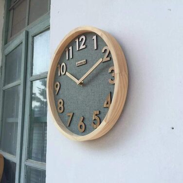 JIYUERLTD 30cm Wall Clock Silent Kitchen Clock Non-Ticking Quartz Wall Clocks Wooden Numbers 3D Display, Wooden Frame with Linen Face Clock for Home Office Classroom School. (Green)