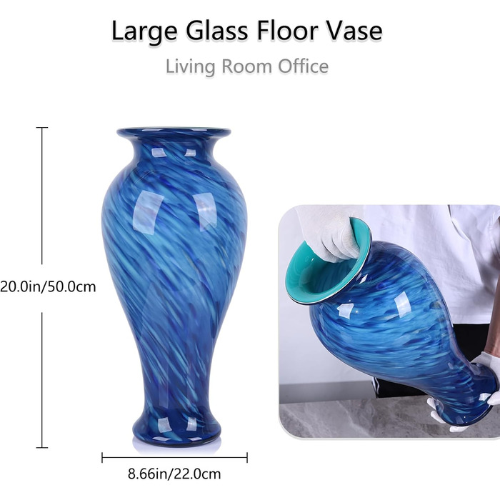 Велика скляна ваза 50,8 см, ручної роботи, для дому та декору, сучасний дизайн (Блакитна)