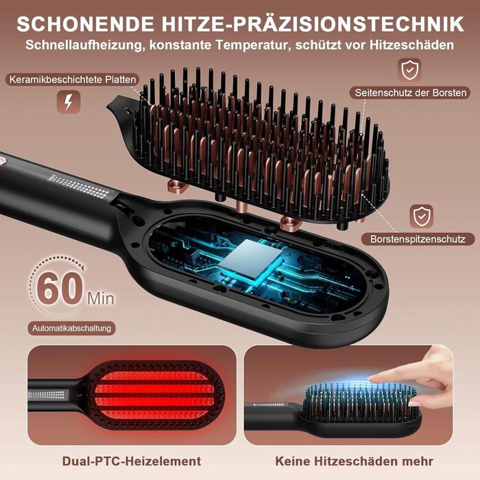 Іонізаційна щітка-випрямляч для волосся iToncs 2-в-1 з захистом від опіків та функцією пам'яті, LCD-дисплей, 5 температурних режимів (120°C-230°C), чорна