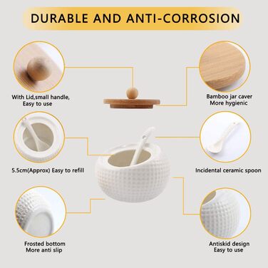 Набір керамічних баночок для спецій, 3 шт. з бамбуковими кришками, ложками та підставкою. Об'єм 170 мл. Підходять для кави, цукру, солі та спецій.