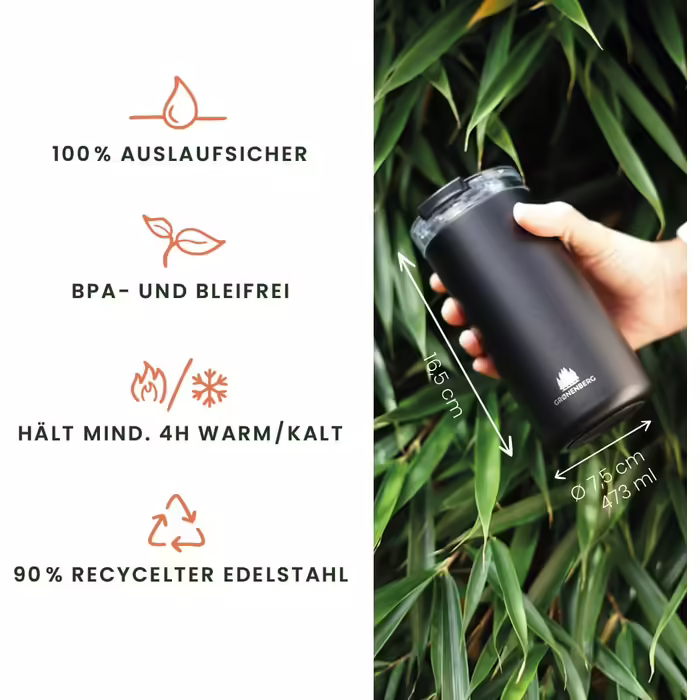 Thermo tumbler 350 or 470ml | Coffee to go cup 100% leak-proof | Keeps warm for at least 4 hours | Coffee to go cup made of recycled stainless steel (Black, 473 ml)