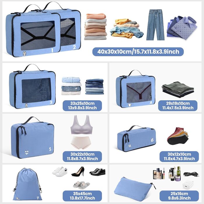 Органайзери для валізи, набір 8 шт. - Packing Cubes для подорожей, валізи та рюкзака (блакитний)