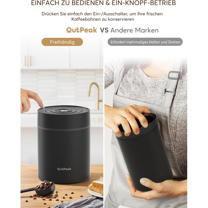 OUTPEAK 2025 Kilo Auto Вакуумна кавова банка 1,8L для 601.0 г кавових зерен, автоматичне керування, бак з нержавіючої сталі з ложкою, свіжість на 6 місяців (Вибір чемпіона бариста) 1.8L-S/Steel-Space Grey