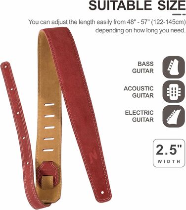 Гітарний ремінь Nefelibata з повного нубуку, 2,5 см шириною, з м'якою підкладкою та петлею для кабелю, для акустичної, бас та електрогітари (Jujube Red)