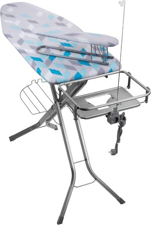 Прасувальна дошка KADAX з підставкою для рукавів 130x41 см, поверхня для прасування 53x13 см, з відсіком для праски та розеткою, складана прасувальна станція з парогенератором, Made in EU (Блакитна)