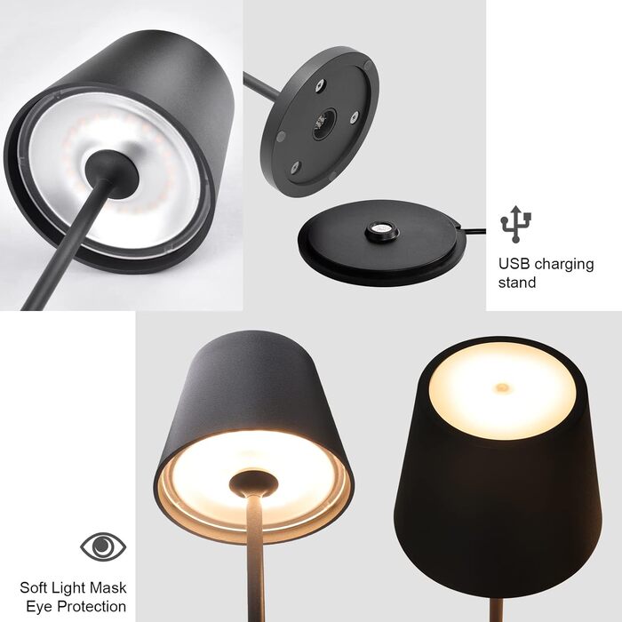 LED акумуляторна настільна лампа Klighten 2 шт. з регулюванням яскравості, для дому та вулиці, з USB зарядкою, 3000K, IP54, алюміній (темно-сірий)