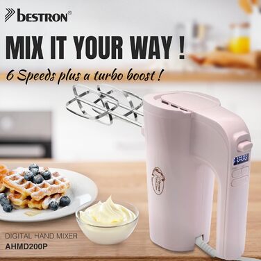 Міксер ручний Bestron Power з 6 рівнями, Turbo-функцією та LCD-дисплеєм, рожевий (2 вінчики + 2 гаки)