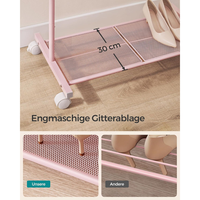 SONGMICS Clothes Rack, Rolling Garment Rack, Metal Wardrobe Stand, Rolling Wardrobe 91 cm wide, with Shelf, 2 Swivel Wheels with Brake, Rod Load Capacity up to 40 kg, HSR025A01 (Pastel Pink, 74x40.5x158cm)