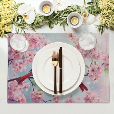 Giwawa Placemats with Spring Birds, 30.5 x 45.7 cm, red bird, cherry blossoms, floral pattern, stain-resistant, heat-resistant, linen, placemats for kitchen, dining table, seasonal party, indoor and