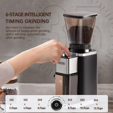 Кавомолка кавова електрична Cafelffe MK-301 з конічним жорнами, 48 ступенів помолу, нержавіюча сталь