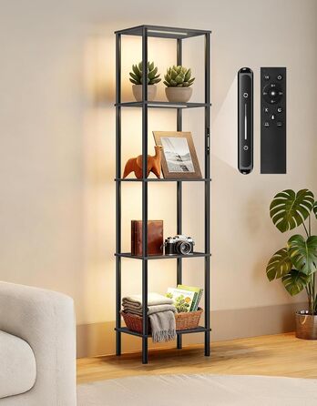 Стельова лампа з полицею, LED, регулювання яскравості, 3 колірні температури, сенсорне управління та пульт, полиця для книг, дерев'яна, сучасний дизайн для вітальні, спальні, офісу (чорний)