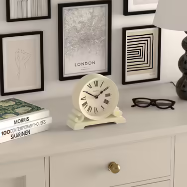 JONES CLOCKS® Saloon Table Clock | Traditional Double-Scroll Design | | Roman Numerals | Classic style for desk, table, shelf or bedside table. (White)