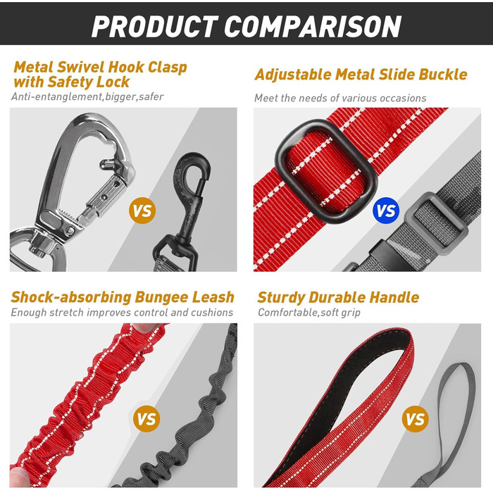 Тактична повідок для собак AUBELL, міцна, світловідбиваюча, без натягу, банджі-повідок для середніх та великих собак, з м'якою ручкою, авто-ремнем безпеки, обертання на 360°, зелена (M-L, червона)