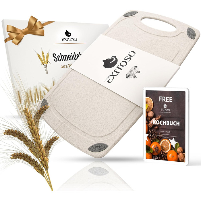 Обрізна дошка EXITOSO з PP-матеріалу та пшеничного полова, з канавкою для соку та ручкою, для хліба та інших продуктів, миюча в посудомийній машині, антибактеріальна, 32x20 см
