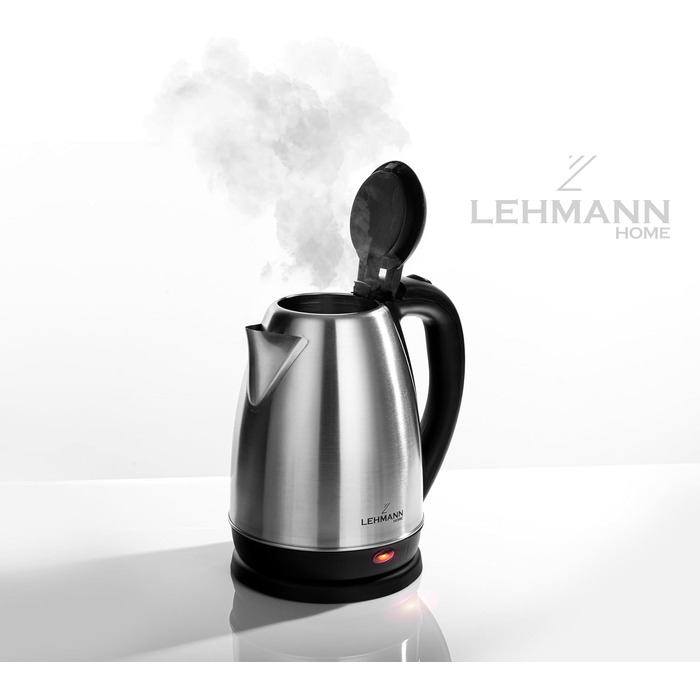 Електричний чайник LEHMANN з нержавіючої сталі, 2200 Вт, 1.8 л, швидке нагрівання, 360° підставка, автовимкнення, захист від перегріву, BPA-Free, для дитячого харчування, чаю та кави, сріблястий