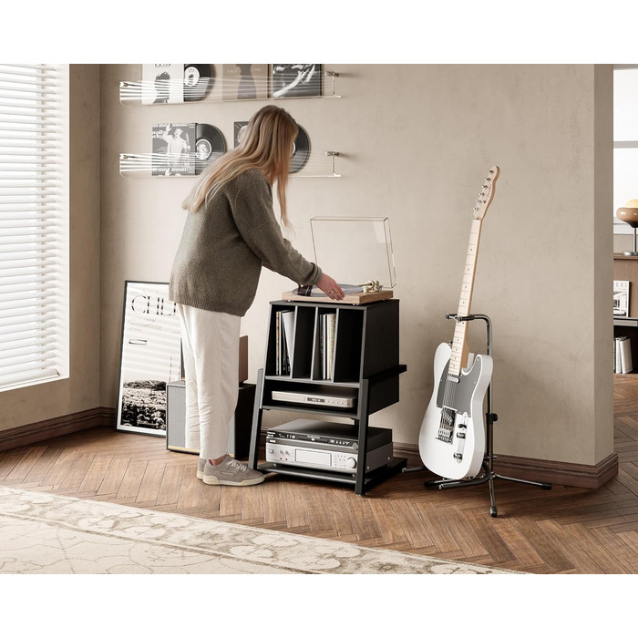 Вініловий програвач FITUEYES Eiffel: полиця для програвача та платівок, компактна Hi-Fi тумба, чорна