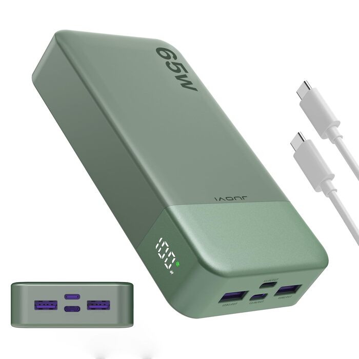 Power Bank JUOVI 65W, 20000mAh: зарядний пристрій для ноутбука та телефону з 2 USB-C та 2 USB-A портами, сумісний з MacBook, iPhone, Samsung та іншими пристроями (зелений)