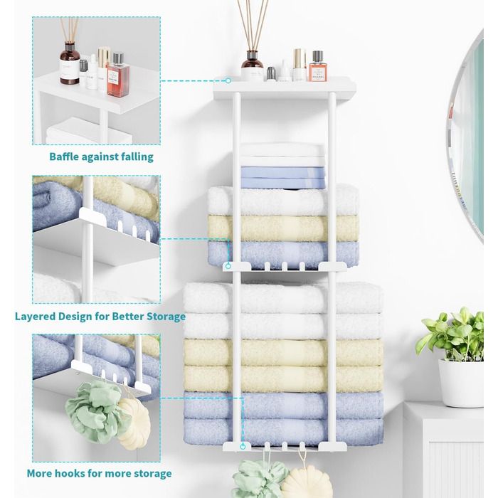 Тримач для рушників без свердління, настінний, з 6 гачками та полицею для ванної кімнати/кухні, матовий, для гостей, білий