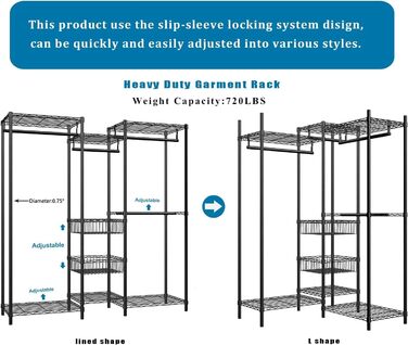 Heavy-Duty Clothes Rack, Garment Rod, Wardrobe, Freestanding Clothes Rail with Height-Adjustable Shelves and Storage Baskets, Load Capacity up to 320 kg, White (Black)