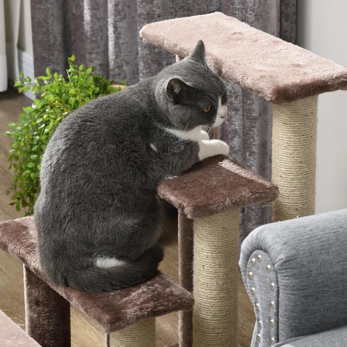 PawHut 3-Step Pet Stairs with Scratching Posts, Ball, Dog Stairs, Pet Stairs for Cats up to 5 kg, Plush Jute, White, 45 x 40 x 48 cm (60L x 40W x 64H cm, Brown)