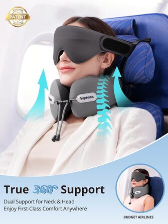 Подушка для шиї у літак з ременем безпеки та 3D маскою для сну, блакитна. Підтримка шиї та голови, високоякісний пінополіуретан, запобігає нахилу голови.