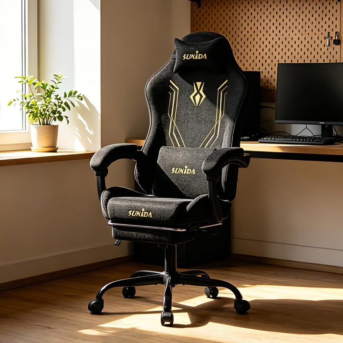 Ігрове крісло SUKIDA Ergonomic з тканини шеніль, з підставкою для ніг, підголівником та поперековою підтримкою, дихаючий матеріал, навантаження до 150 кг, чорне