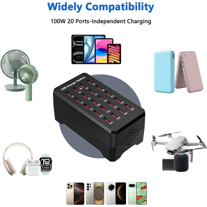 USB-зарядний пристрій 20 портів 100W/20A, настільна станція для iPhone 14/15/16, Samsung Galaxy S23/S24, Google Pixel, планшетів та інших USB-пристроїв