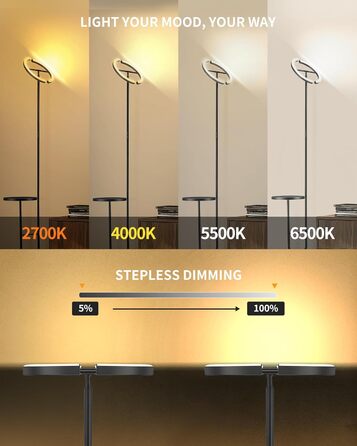 Підлогова лампа LuminexDesigns з регулюванням яскравості, 36W+7W LED, 3200LM+600LM, 2700K-6500K, чорна. Сучасна підлогова лампа для вітальні з пульт дистанційного керування